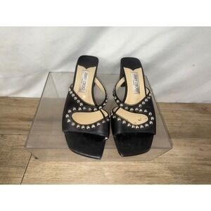 Jimmy Choo Black Studded Square Toe Mules Block Heel Sandals Size 39.5